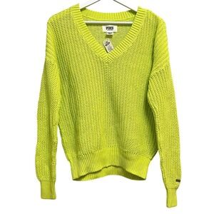 PINK Victoria's Secret Sweater XS Neon Green V-Neck Chunky Knit Pullover L/S NWT